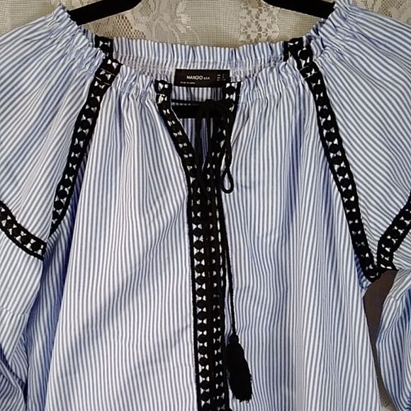 MANGO USA Blue and Black Relaxed Striped Embroidery Women's Blouses Size S - Picture 12 of 16